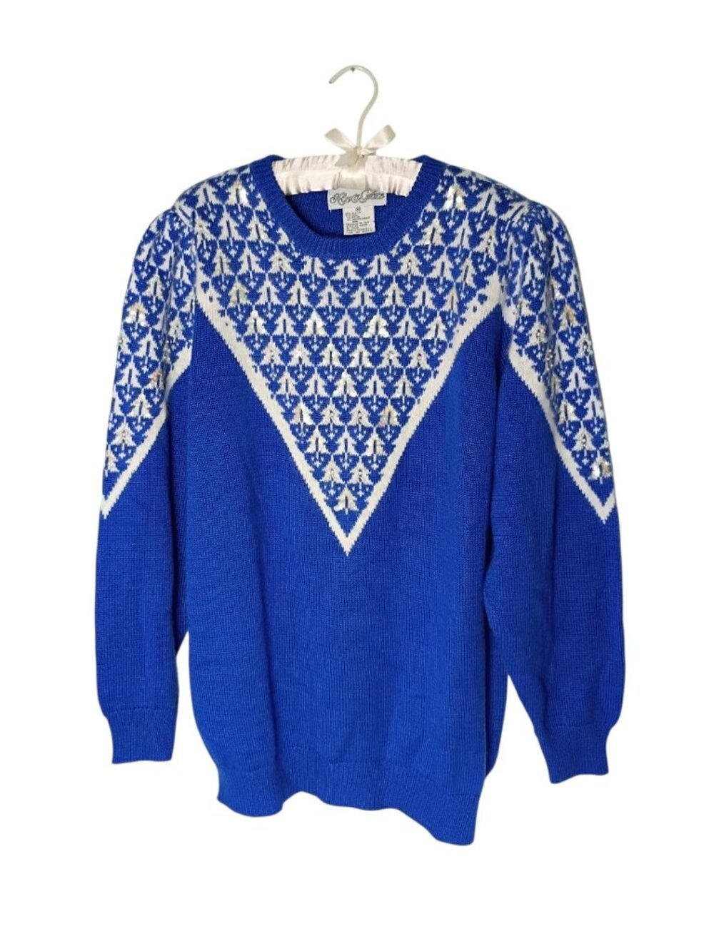 Vintage Alexa Grace Wool Angora Blend Beaded Sweater XL Sequins Pearls Fair Isle